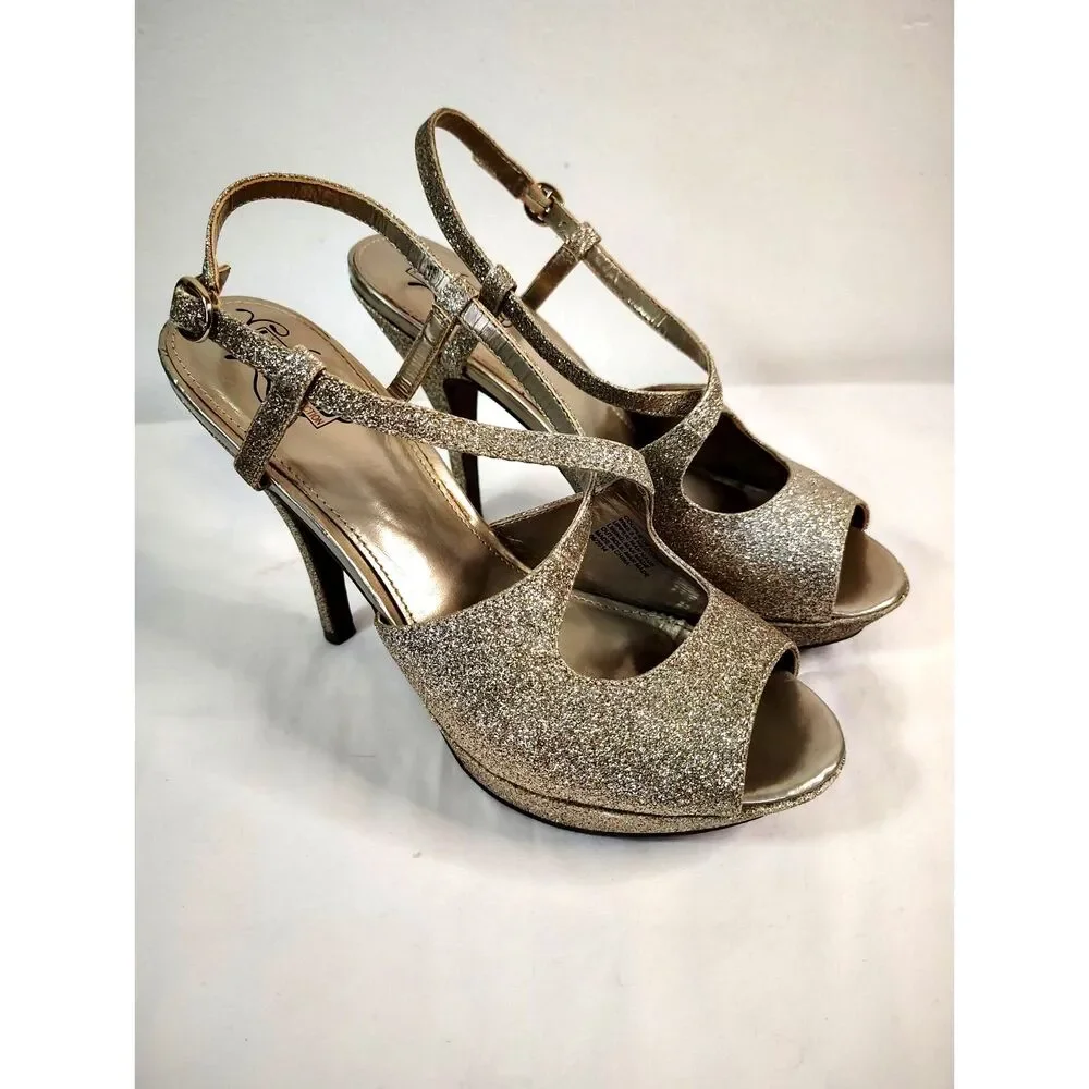 Unlisted Kenneth Cole Glitter Platform Heels Gold Peep Toe Shoes Womens 9.5
